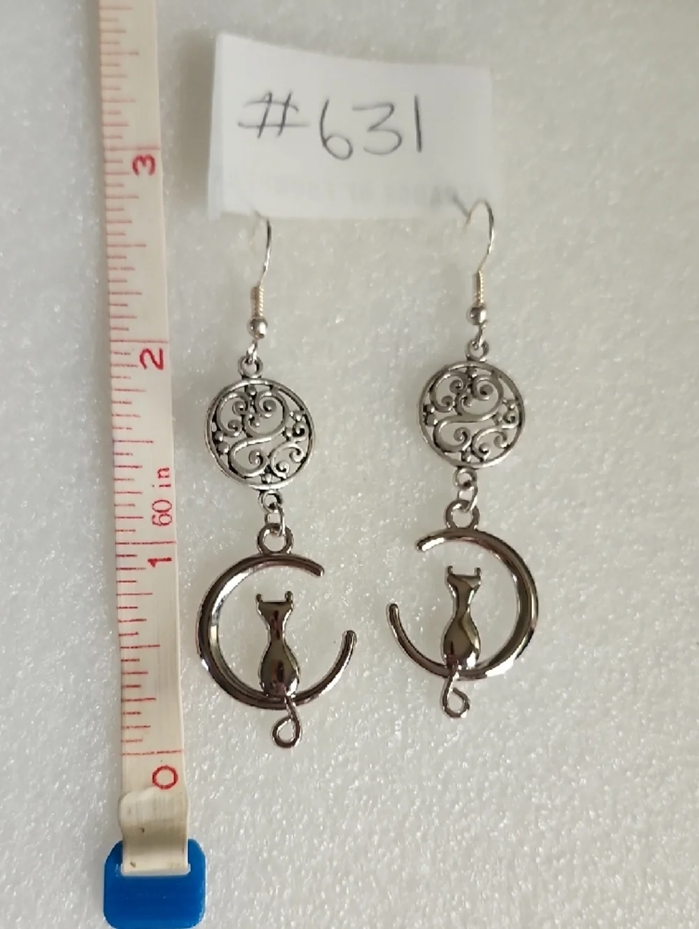 Hand Crafted Silver Cat Crescent Dangle Earrings